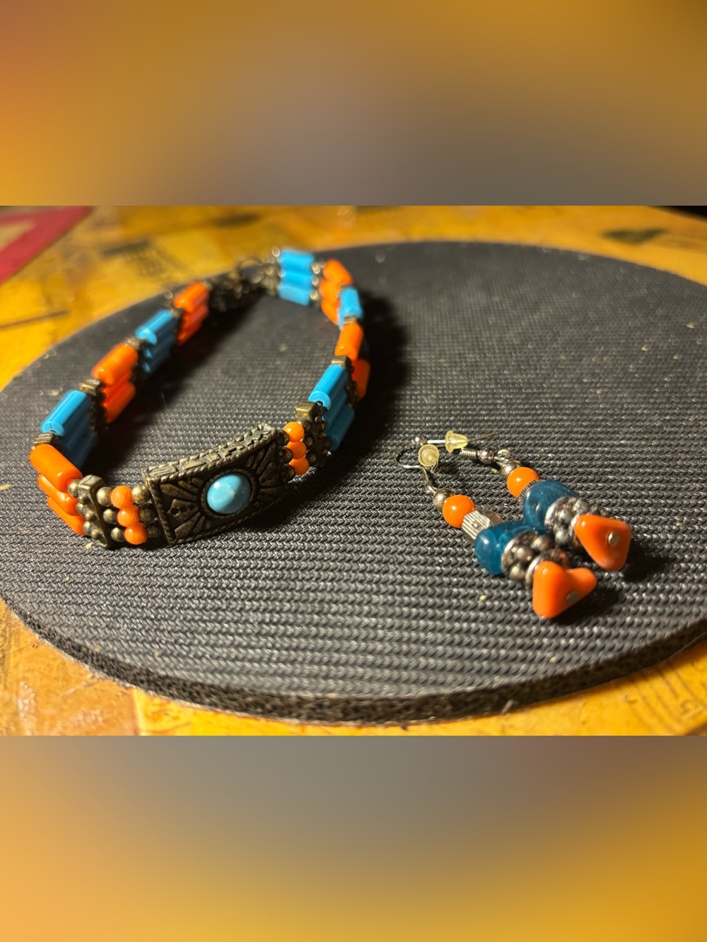 Vintage Turquoise & Orange Beaded Women’s Bracelet and Earring Set